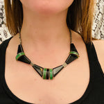 Bauhaus Green and Black Galalith and Chrome Necklace