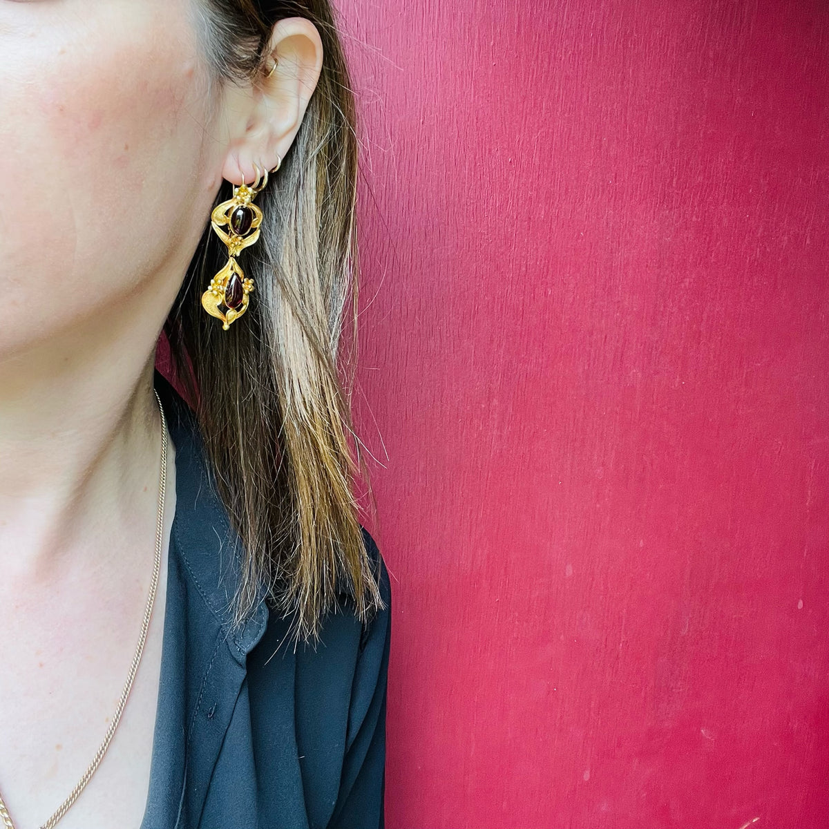 Rare and Stunning High Karat Gold and Garnet Earrings