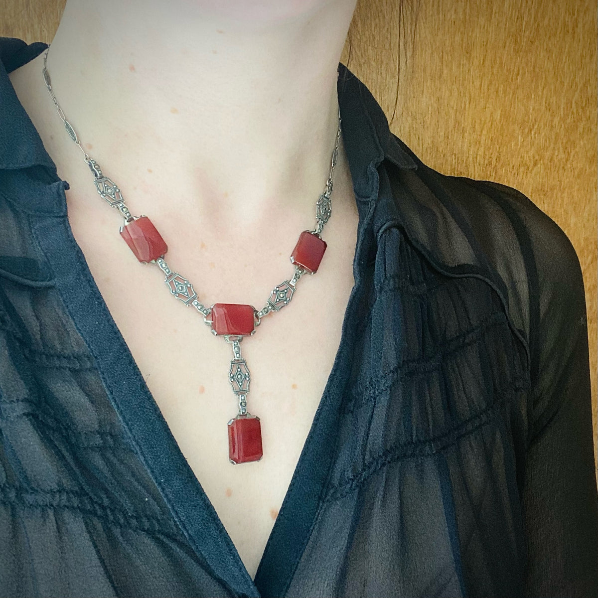 Gorgeous Carnelian & Silver Necklace with Marcasite