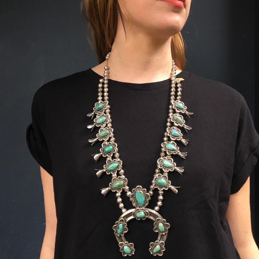 Heavy Navajo Squash Blossom Necklace in Turquoise and Silver