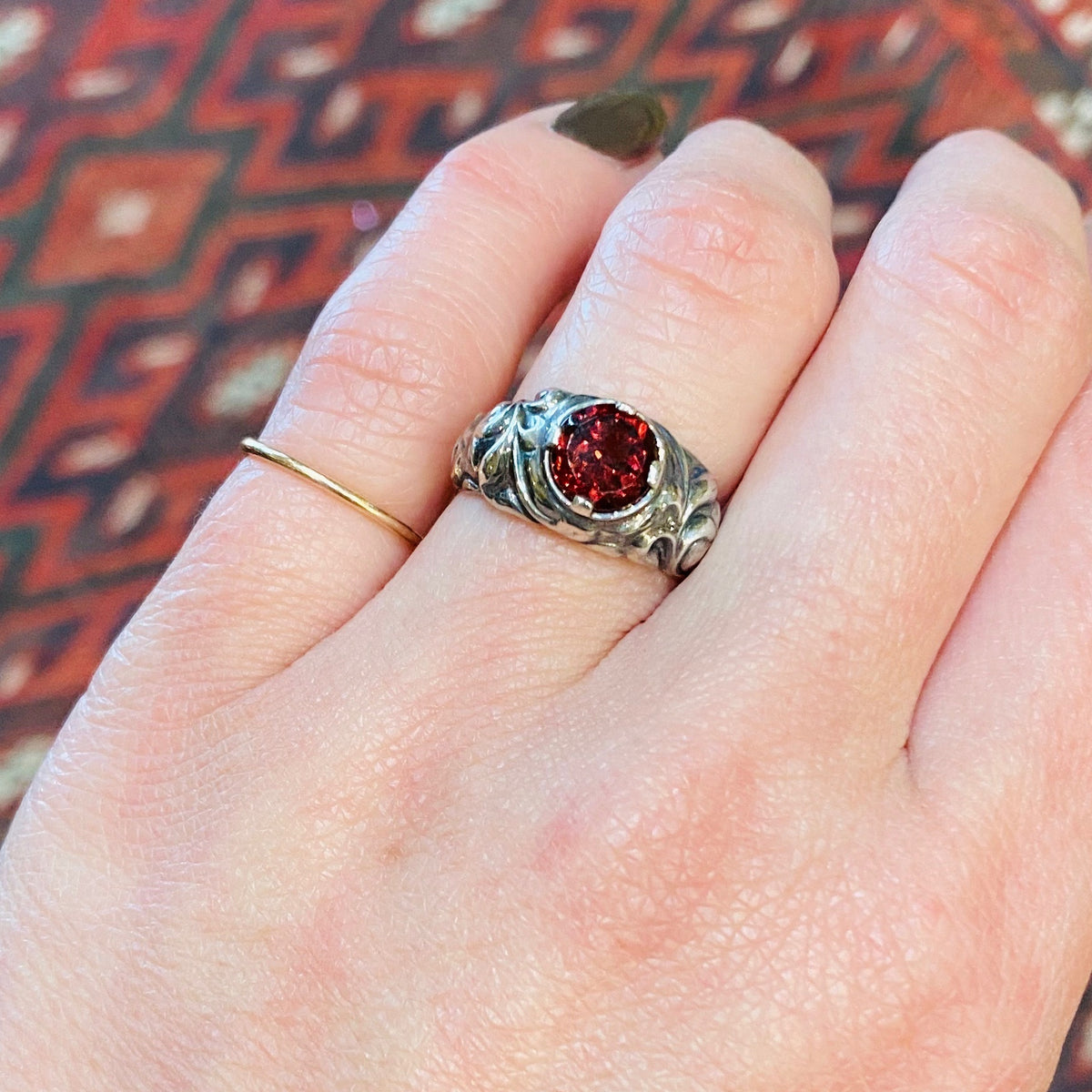 Green Man Garnet Ring in Recycled Silver