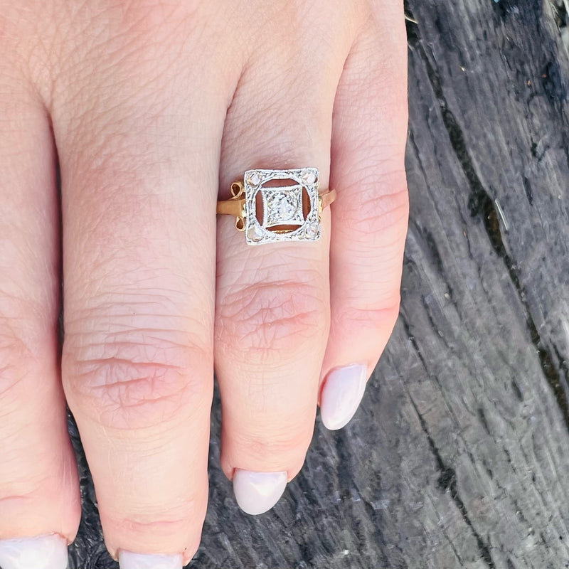 Gold and Platinum c1900 OMC and Rose Cut Diamond Ring