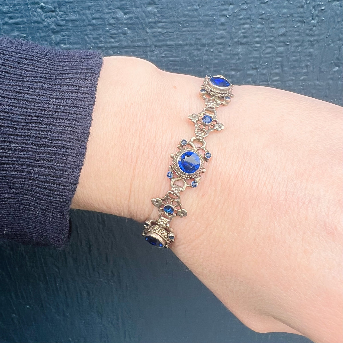 Elaborate Silver Gilt & "Sapphire" Paste Antique Bracelet