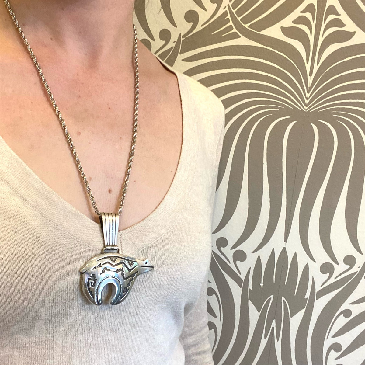 Engraved Silver Navajo Bear Pendant