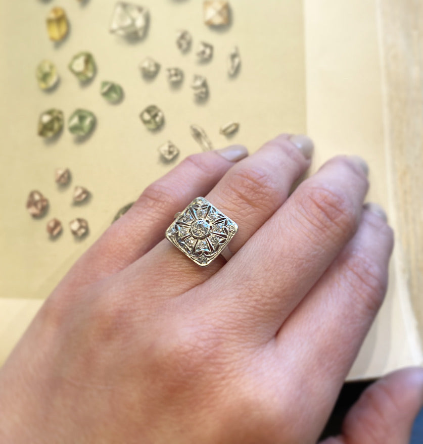 Spiderwebbed Square Thirteen Diamond Art Deco Ring