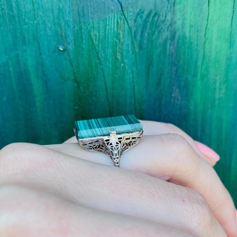 Magnificent Malachite in White Gold Filigree Ring