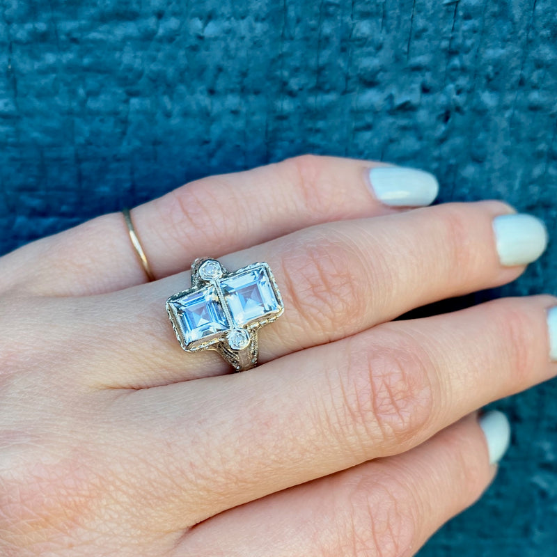 Satisfying Symmetry Aquamarine Filigree Ring