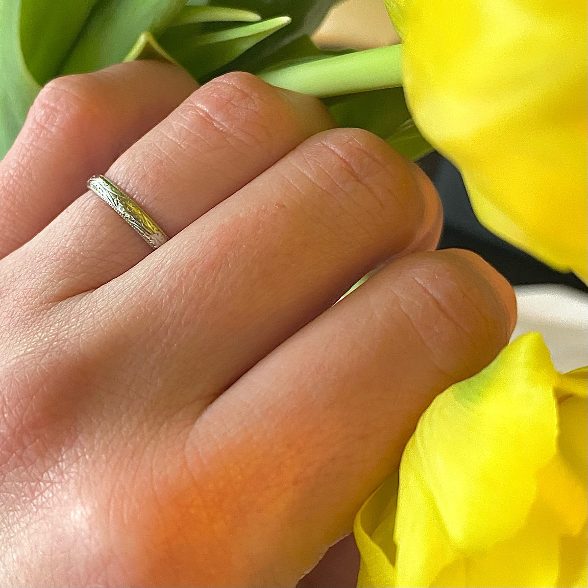 Platinum Wedding Band Engraved with Flowers