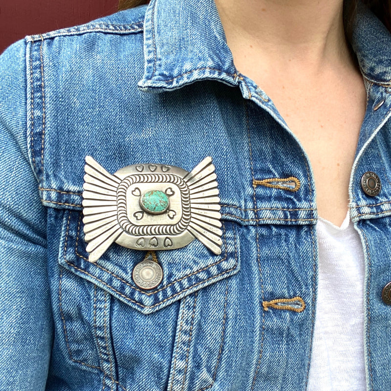 Large Silver & Turquoise Brooch with Hearts