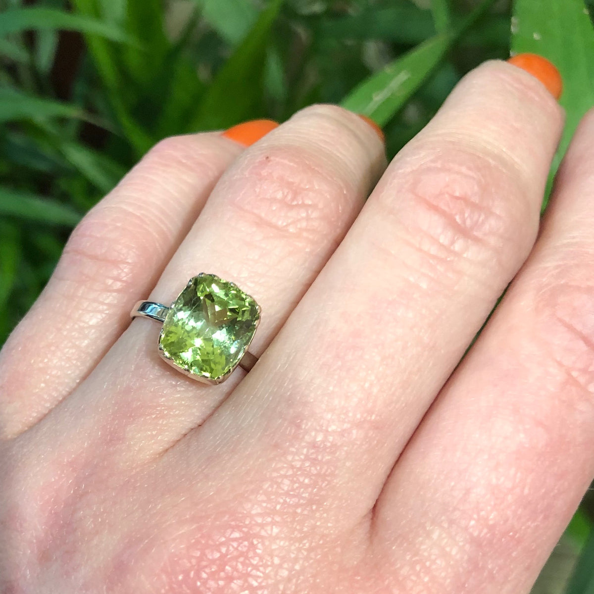4 Carat Cushion Cut Green Tourmaline Ring in Recycled White Gold