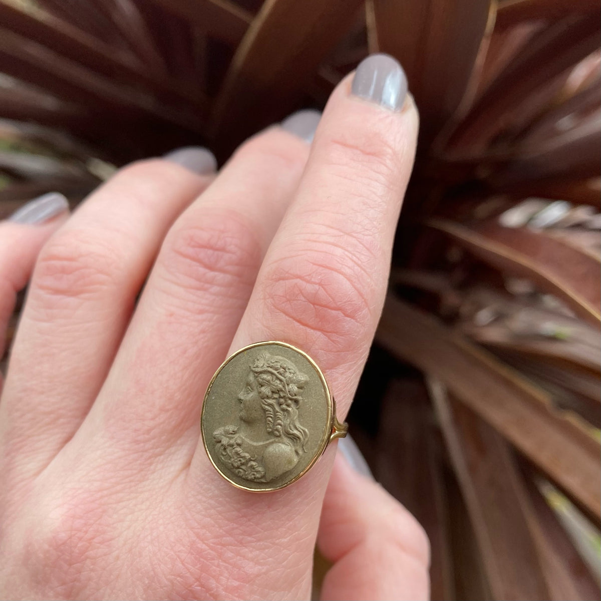Goddess of Wine Antique Lava Cameo in Gold Ring