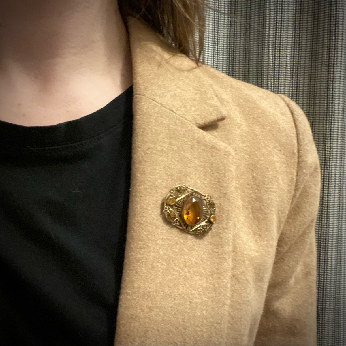 Delicate Autumn-Toned Brass & Glass Brooch