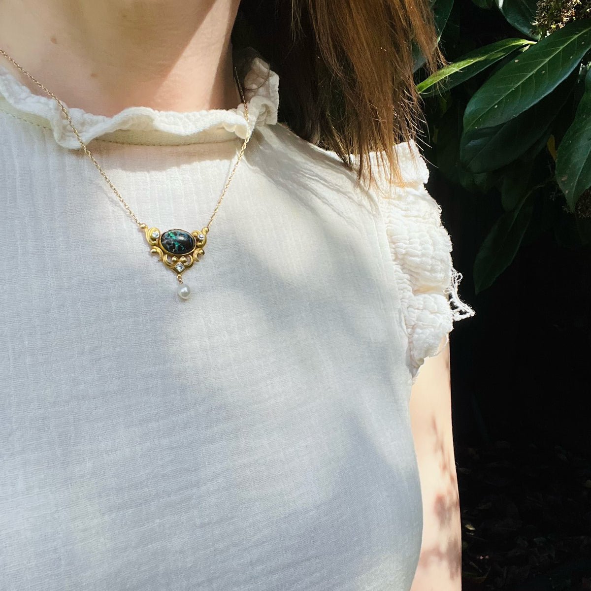 Art Nouveau Opal Diamond and Pearl Necklace