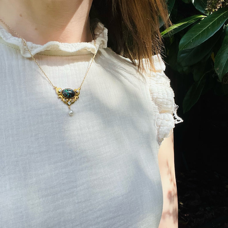 Art Nouveau Opal Diamond and Pearl Necklace