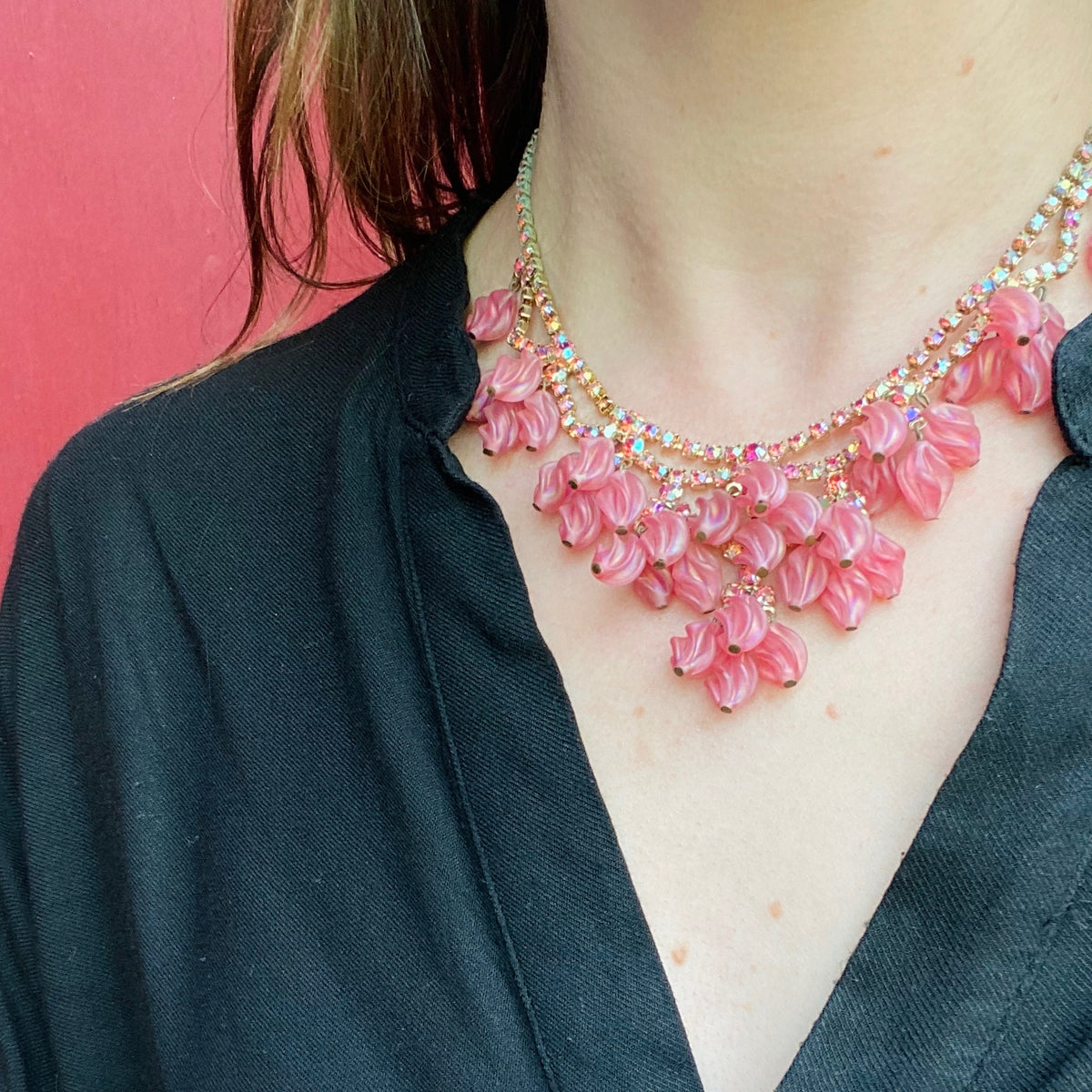 All the Pink Glass & Rhinestone Swag Necklace