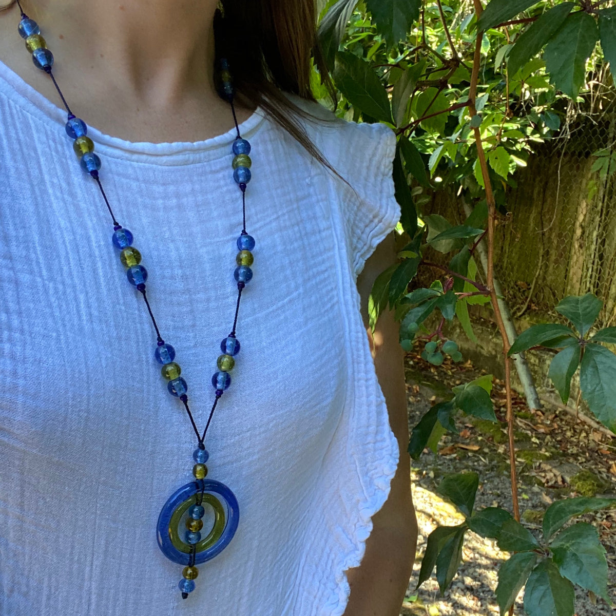 Incredible Blue & Yellow Peking Glass Necklace