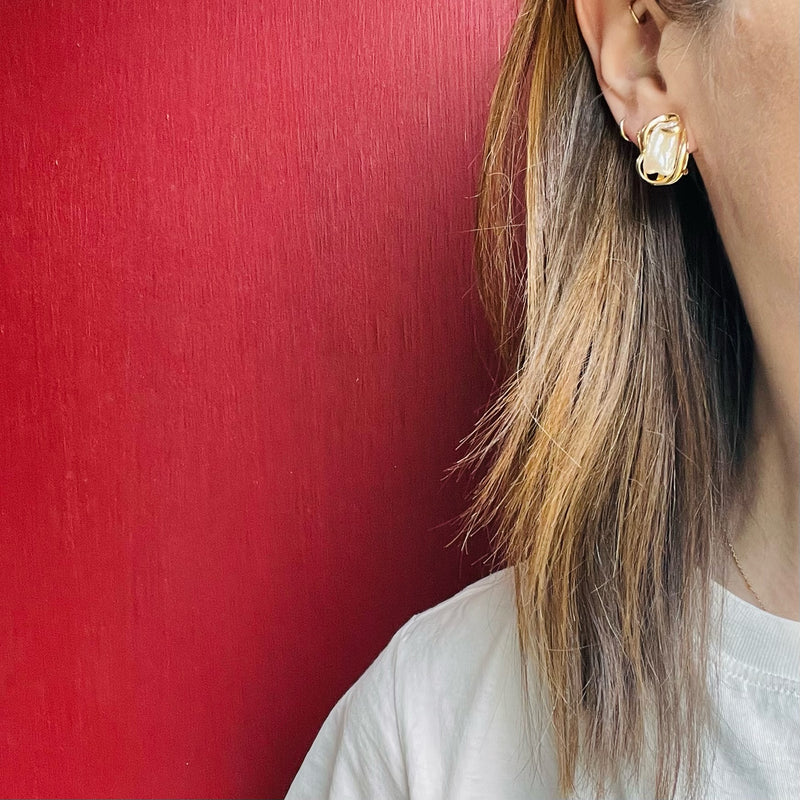 Pillowy Baroque Pearls in Rippling Gold Earrings