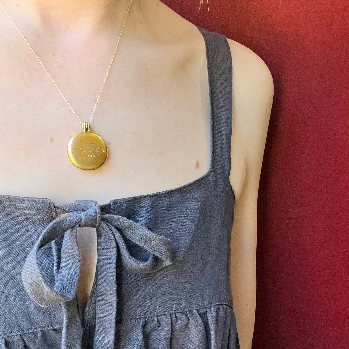 Engraved "1908" Gold Locket with Hinged Bale