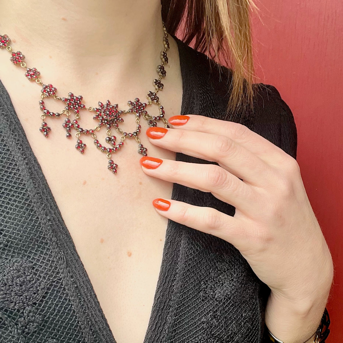 Sultry Bohemian Garnet Swag Necklace