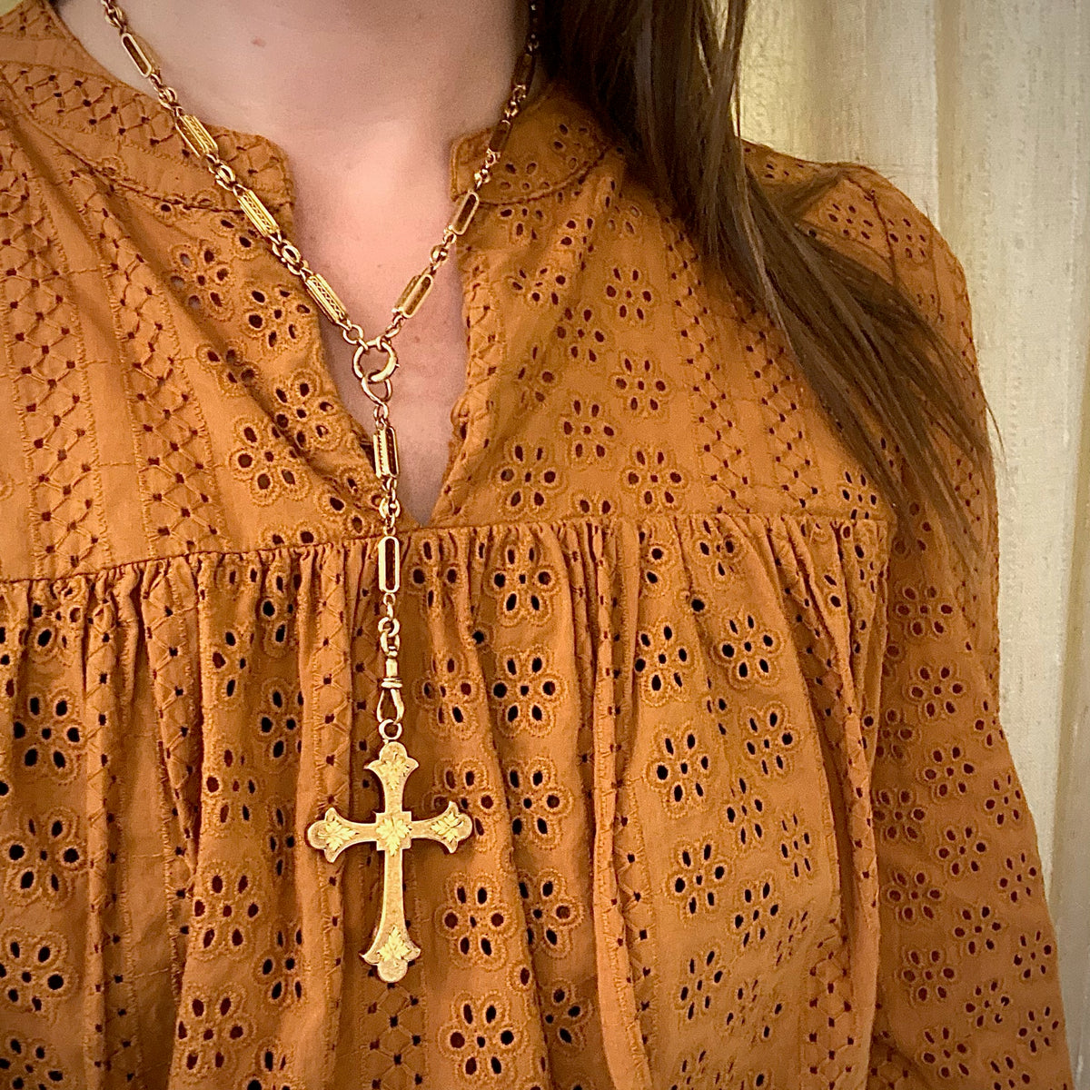 Antique Engraved Budded Cross in Luxe 18k Gold