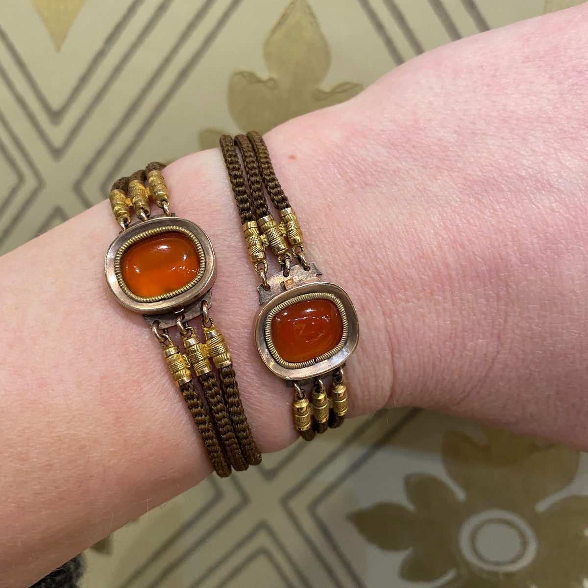 Antique Matched Bracelets in Carnelian, Gold & Woven Hair
