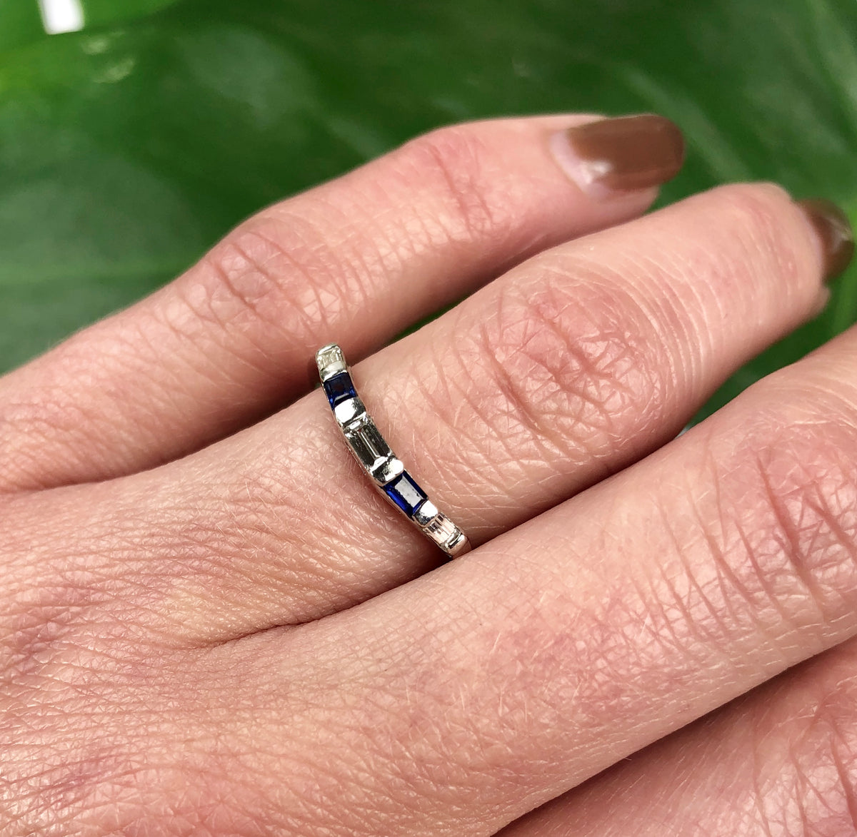 Vintage Curved Platinum Sapphire and Diamond Baguette Band