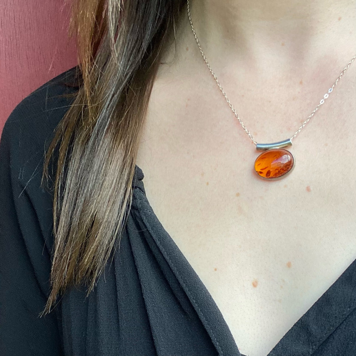 Sleek Modernist Baltic Amber & Sterling Pendant