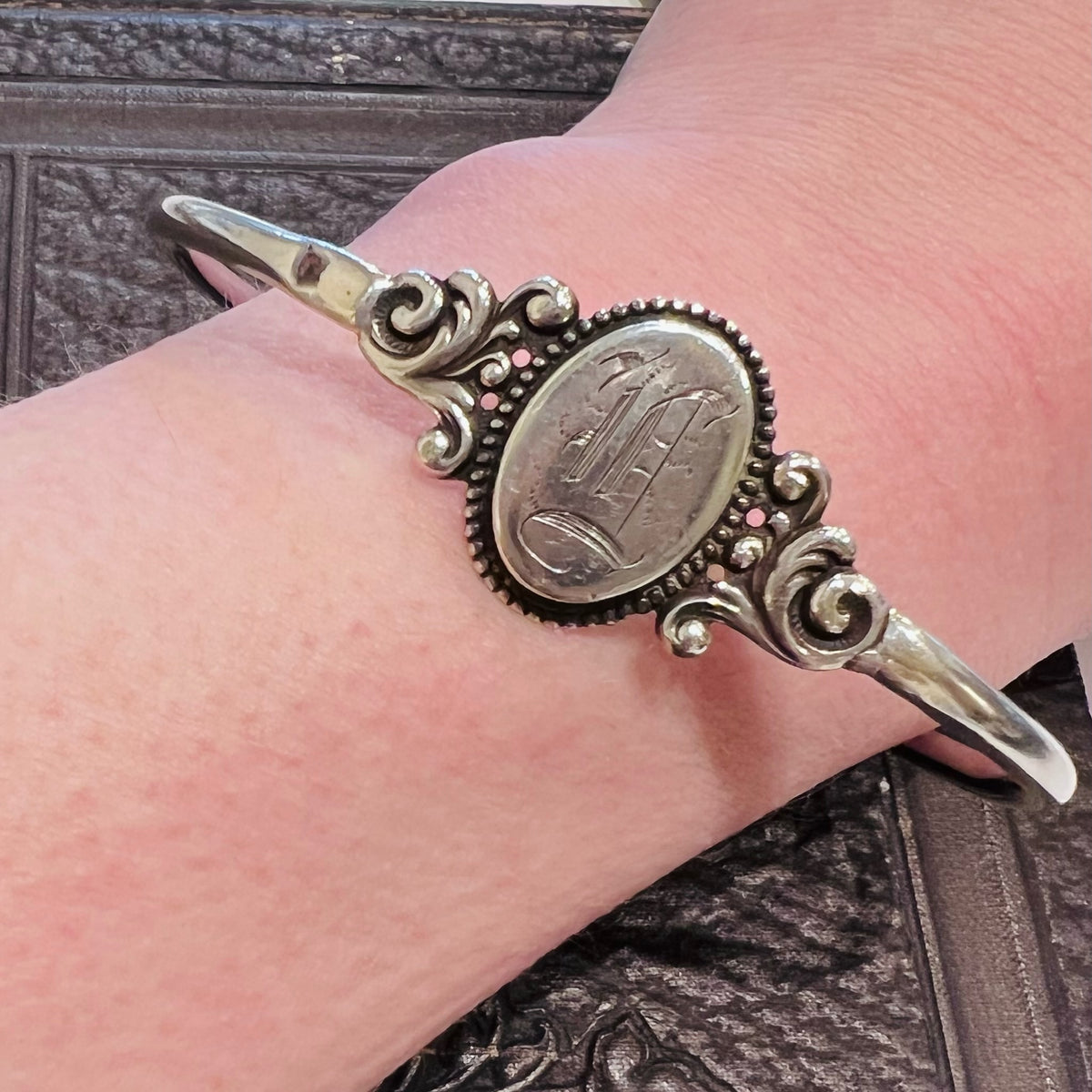 "E" Initial Edwardian Engraved Sterling Bangle