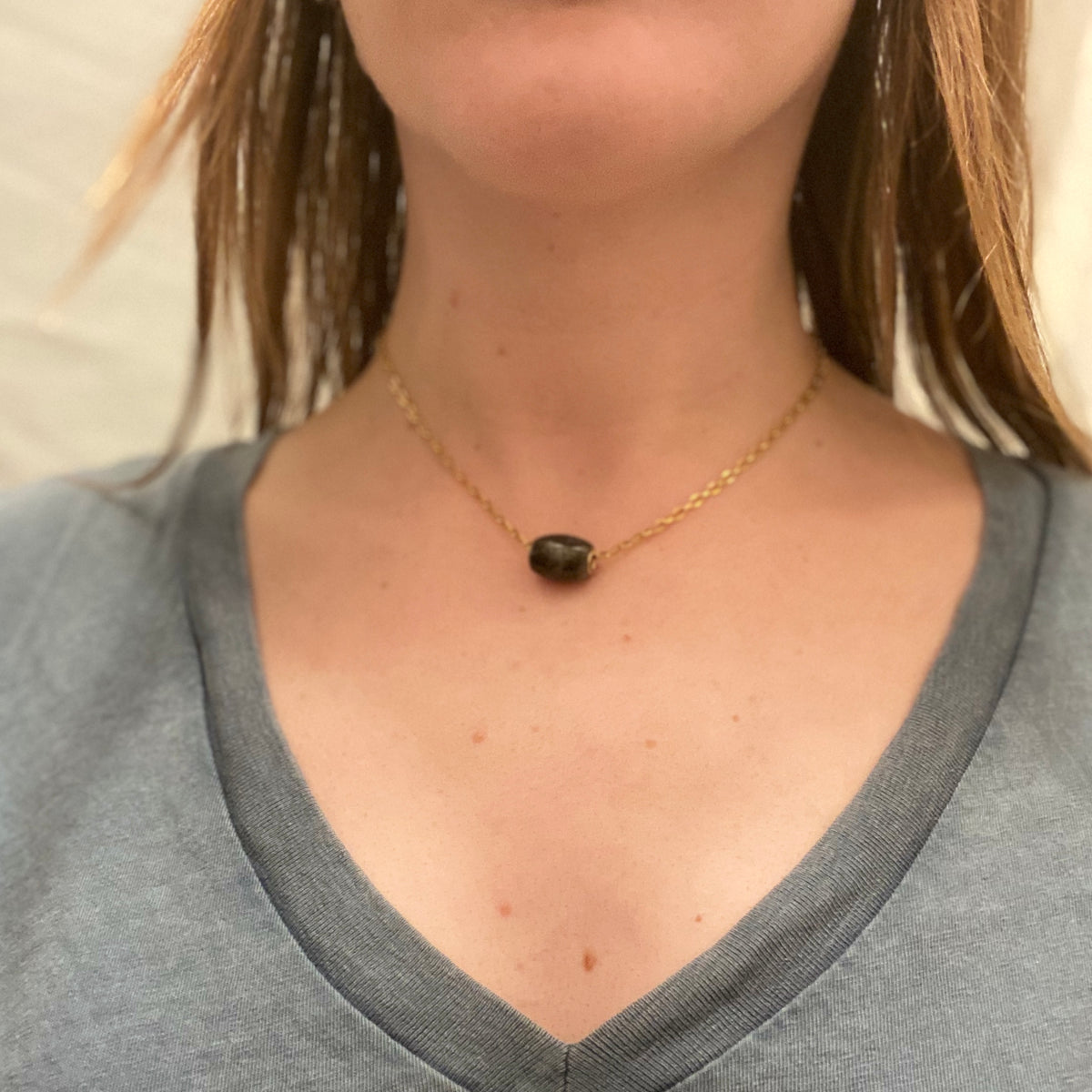 Black Jade Bead and Gold Chain Necklace
