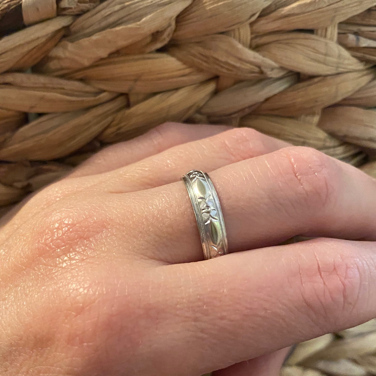 Mid Century Engraved White Gold Wedding Band