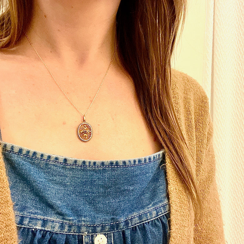 Lovely Engraved Quatrefoil Pendant with Sapphire & Pearl