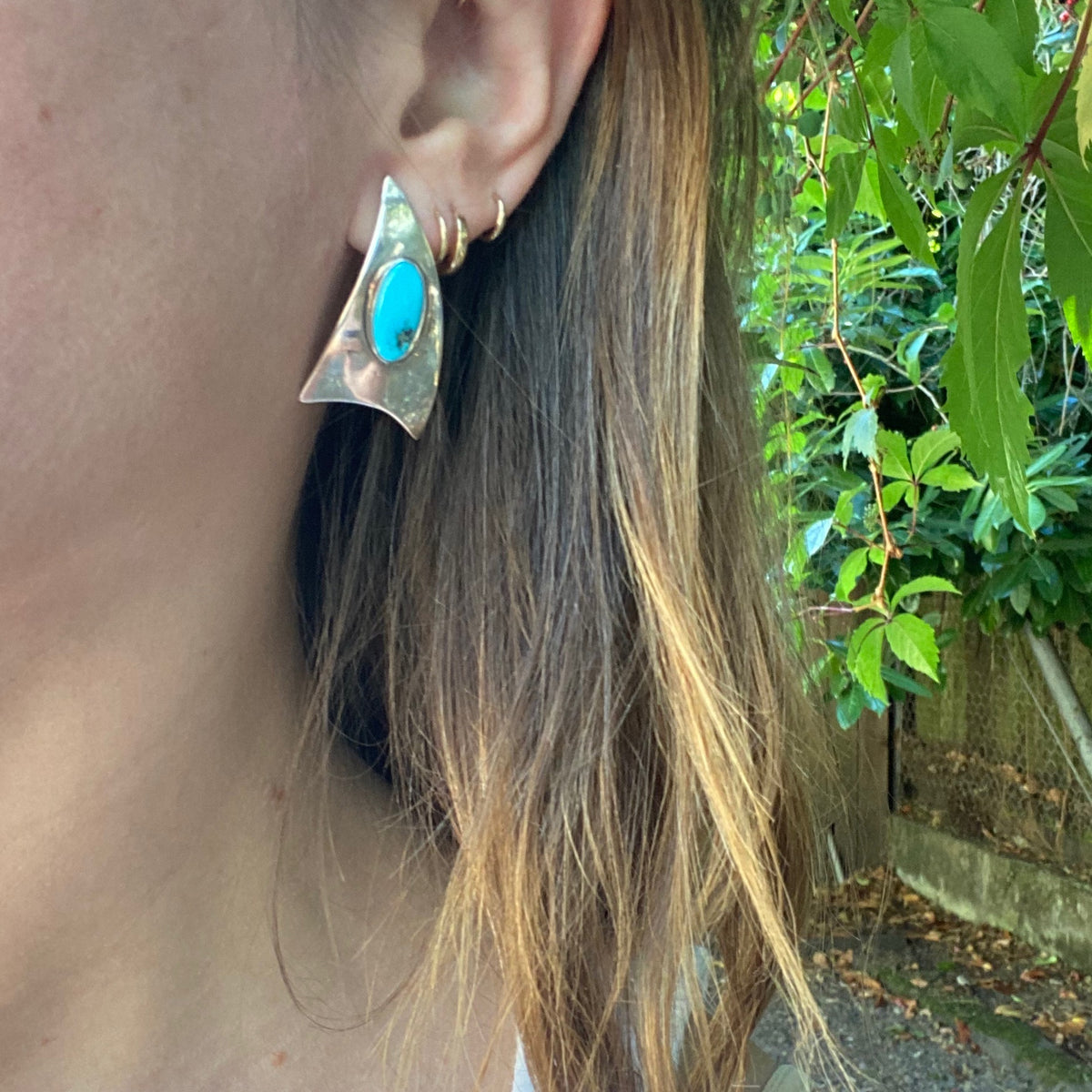 Jaunty Silver Triangle Earrings with Turquoise