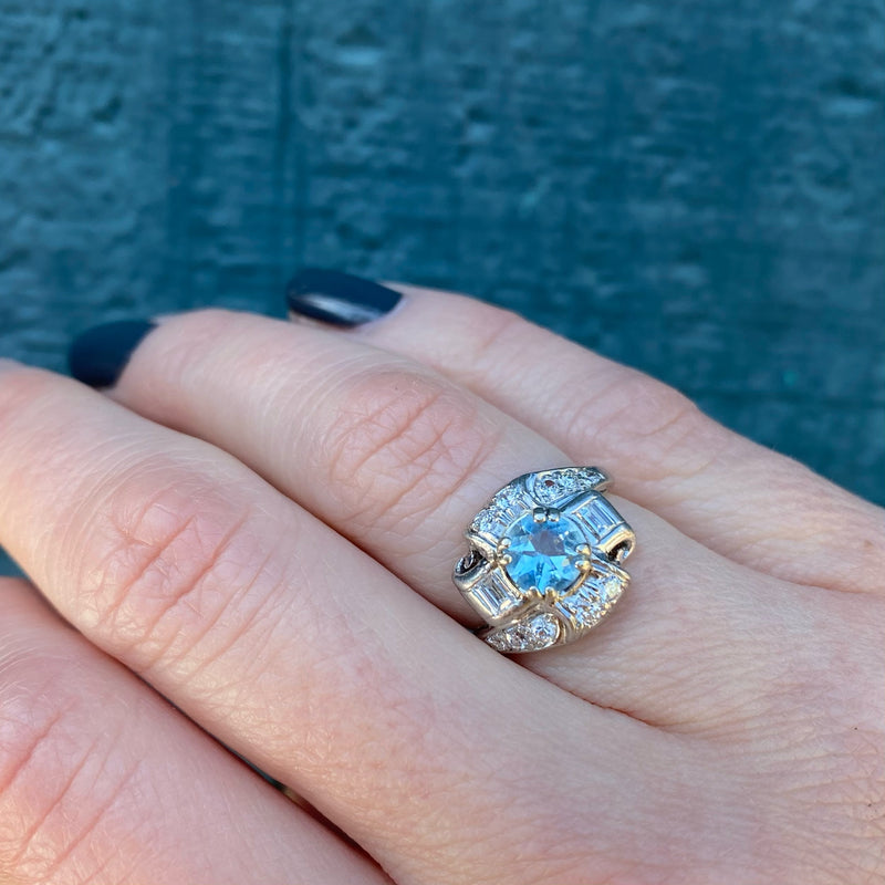 Aquamarine & Diamond Deco Cocktail Ring in Platinum