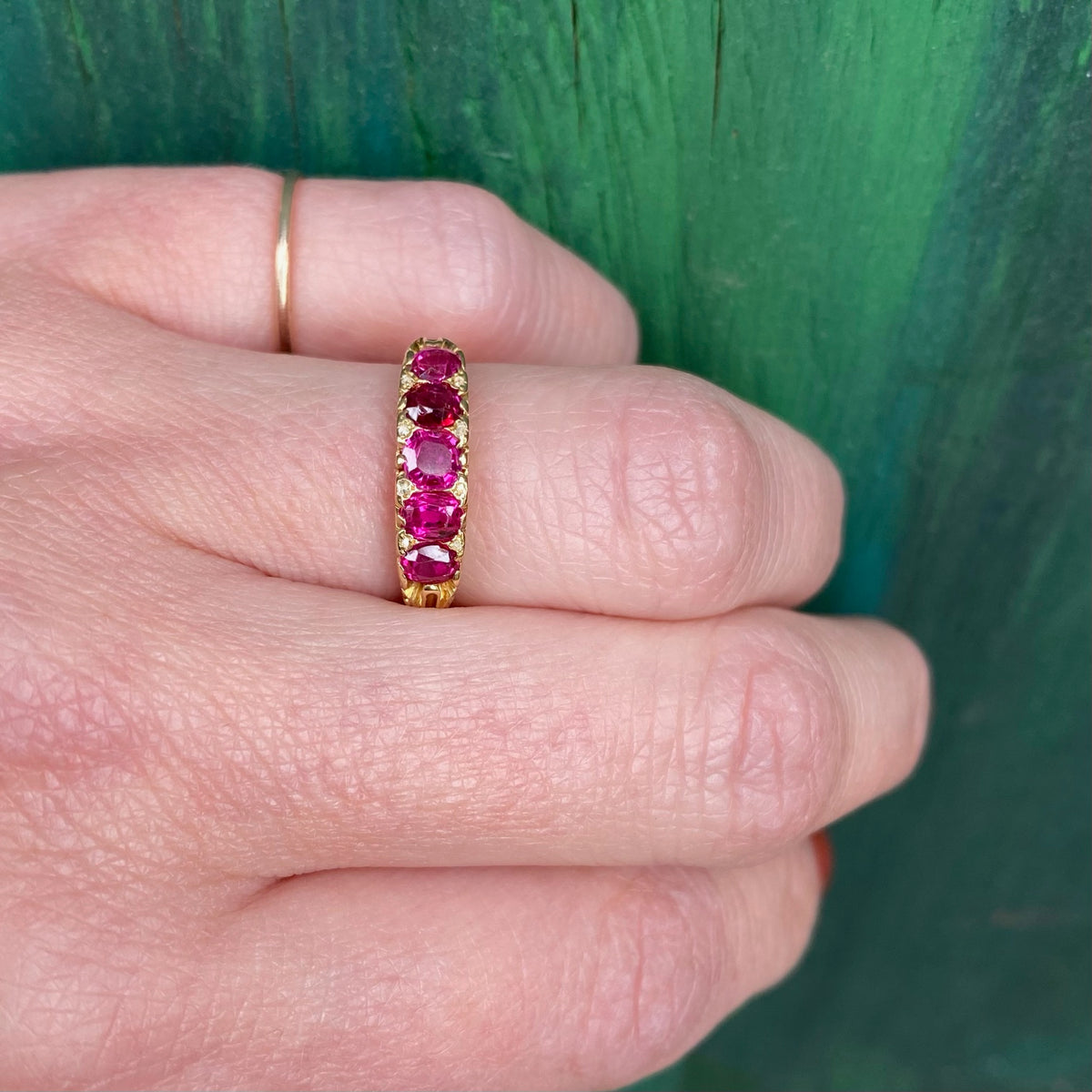Cushion Cut Ruby and Rose Cut Diamond Antique Ring