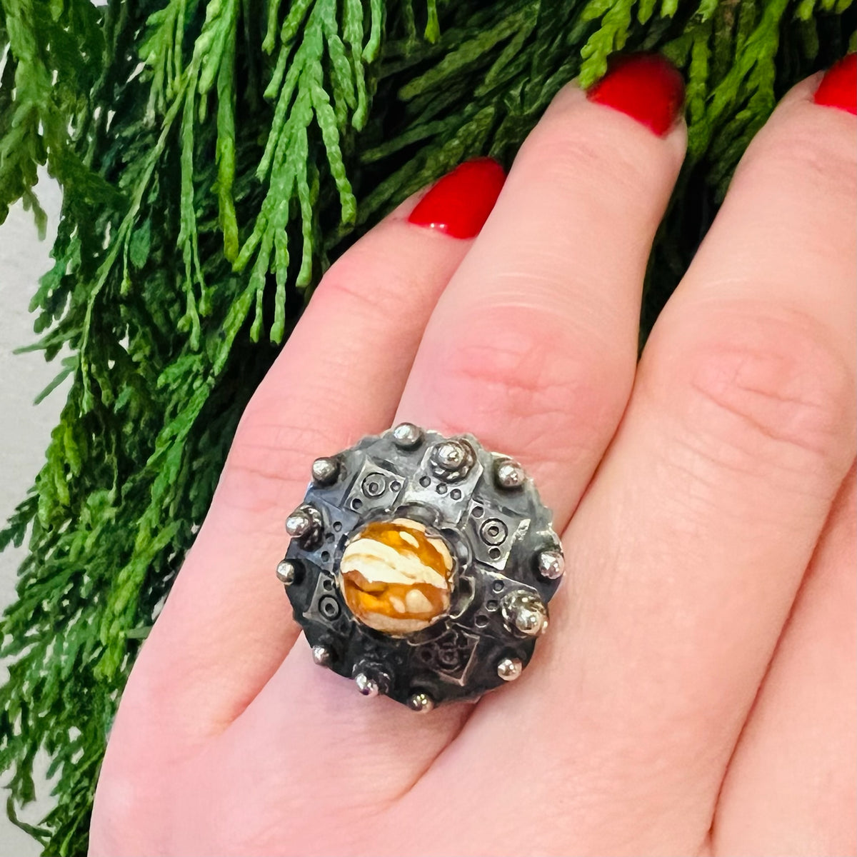 Amber & Ornate Silver Mystery Ring