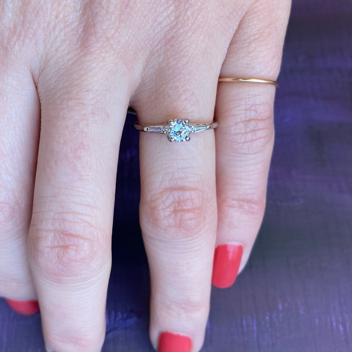 Elegant Mid Century Engagement Ring with Baguettes
