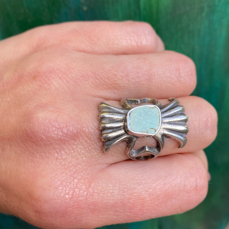 Navajo Sand Cast Silver Ring with Pale Green Turquoise