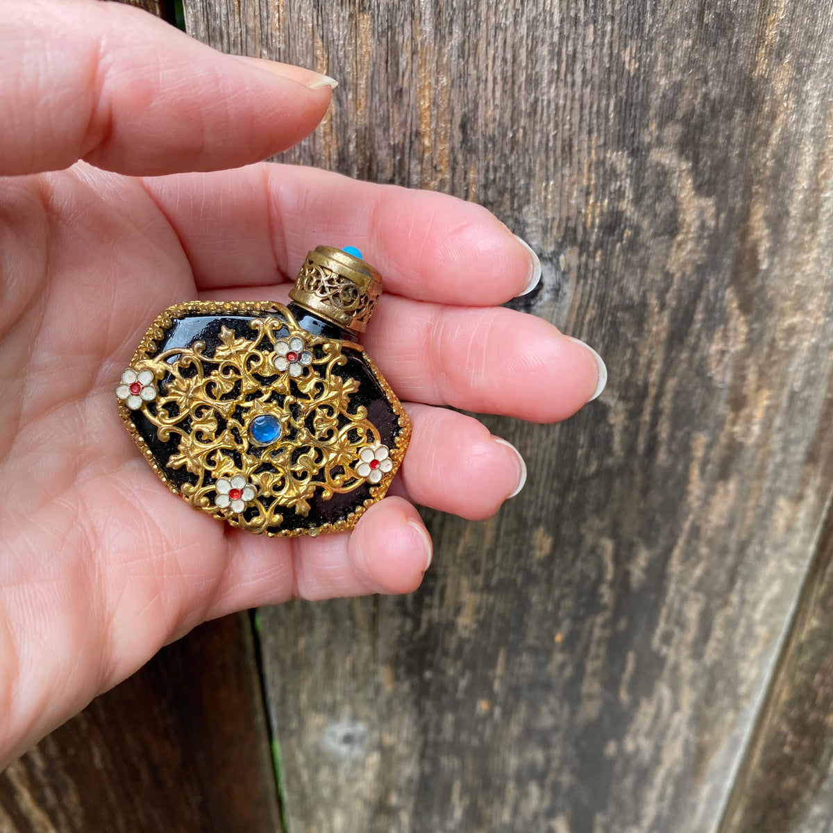 Ornate Czech Perfume Bottle Brass & Glass