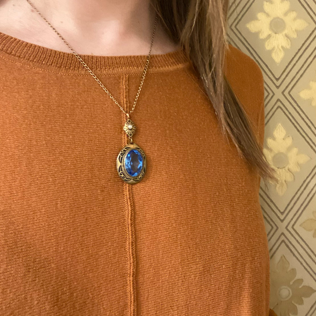Beautiful Blue Glass & Brass Necklace
