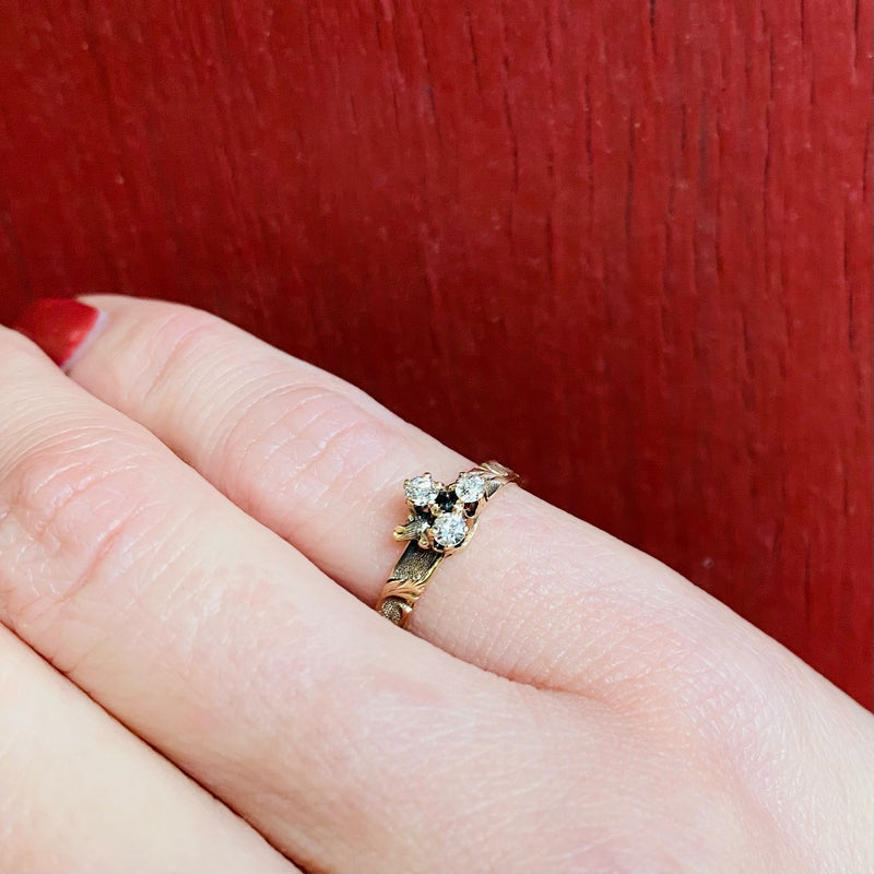 Dainty Diamond Clover Ring with Engraved Band