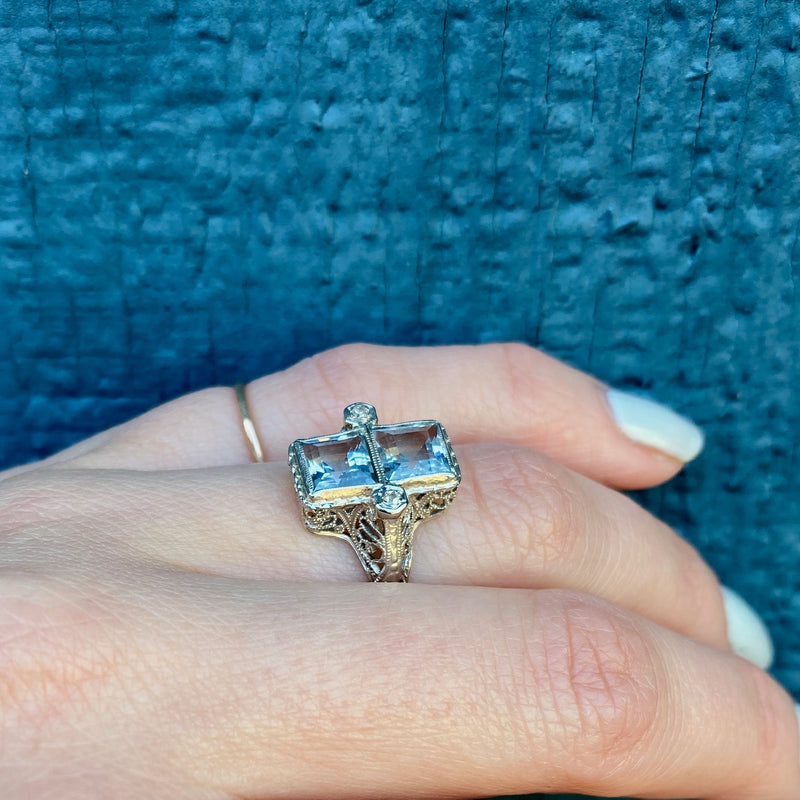 Satisfying Symmetry Aquamarine Filigree Ring