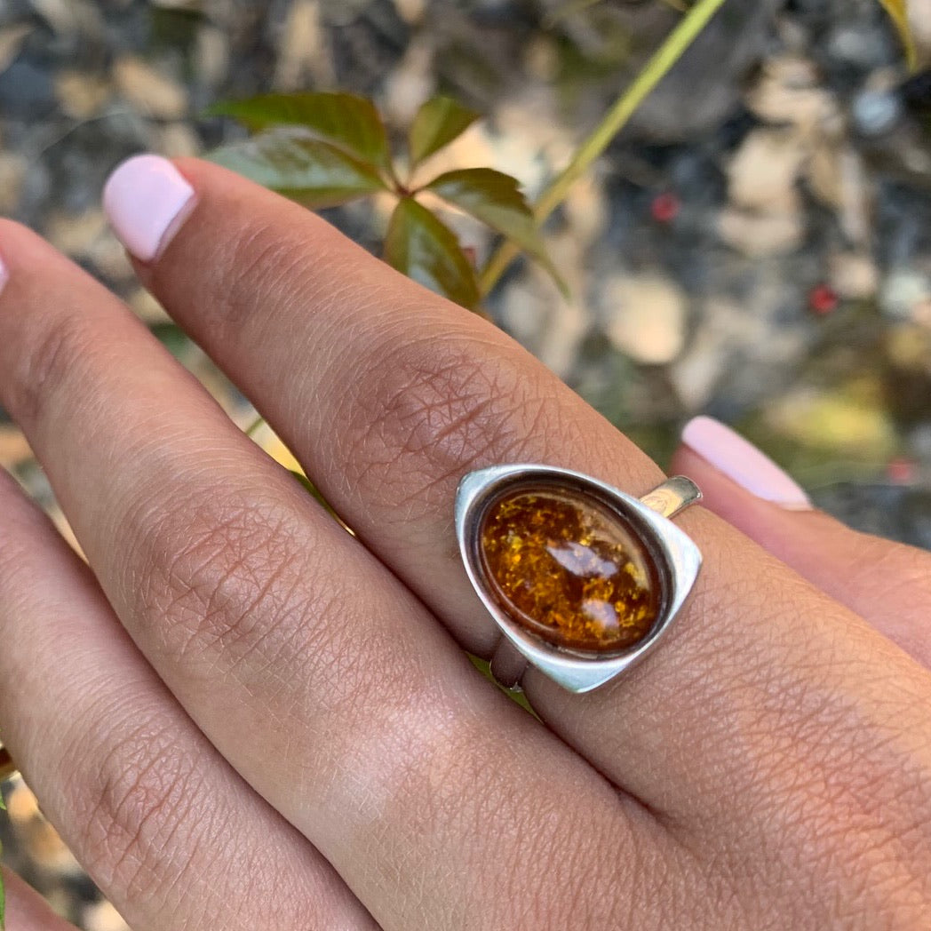 Modernist Amber Ring in Sterling Silver