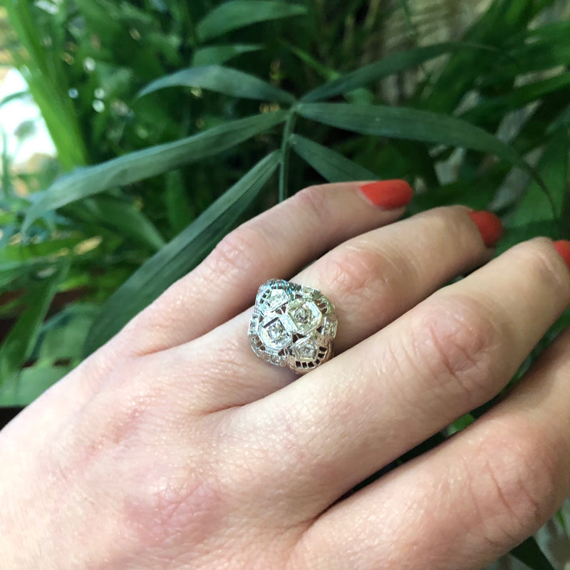1920's White Gold Filigree and OEC Diamond Ring