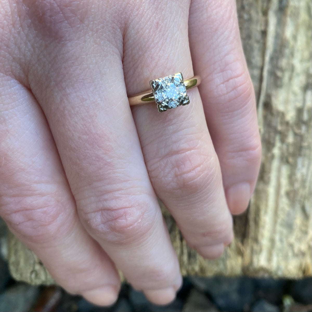 Vintage Diamond Cluster Two Tone Engagement Ring