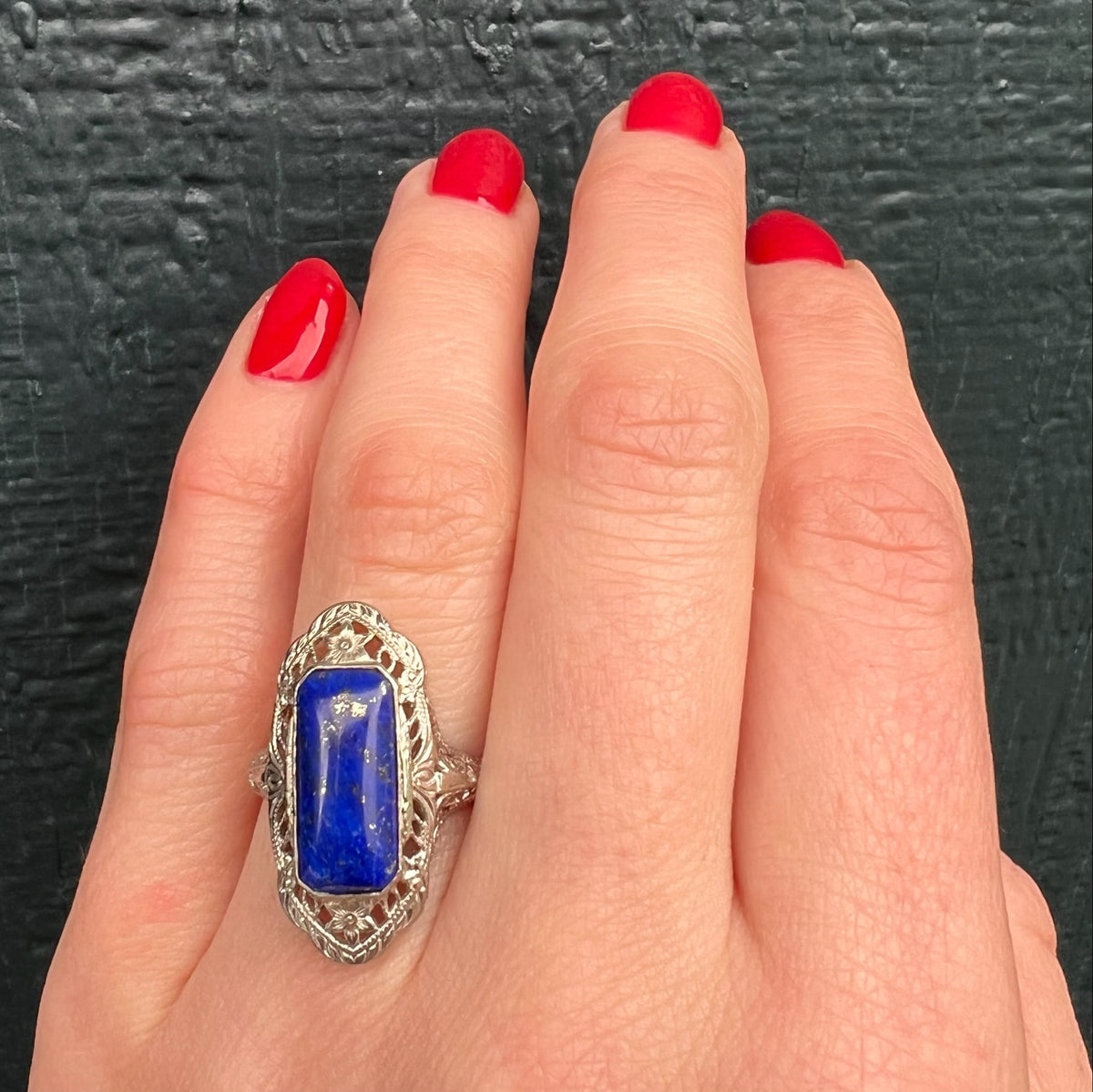 Incredible Blue Lapis Lazuli in White Gold Filigree Ring