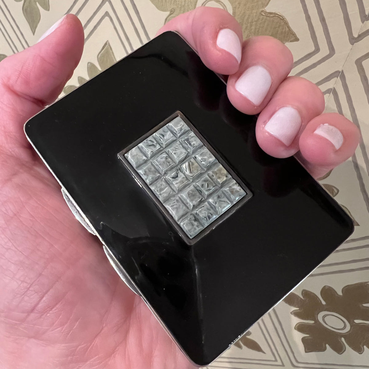 Chic French Art Deco Silver Enamel & Celluloid Compact