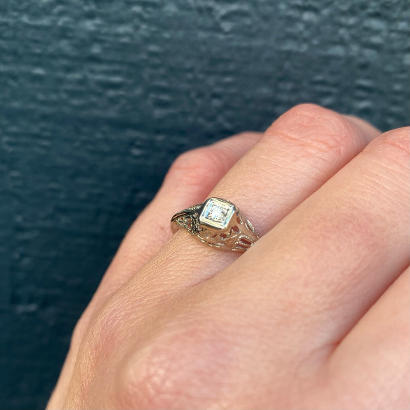 Floral Filigree Diamond Solitaire Engagement Ring