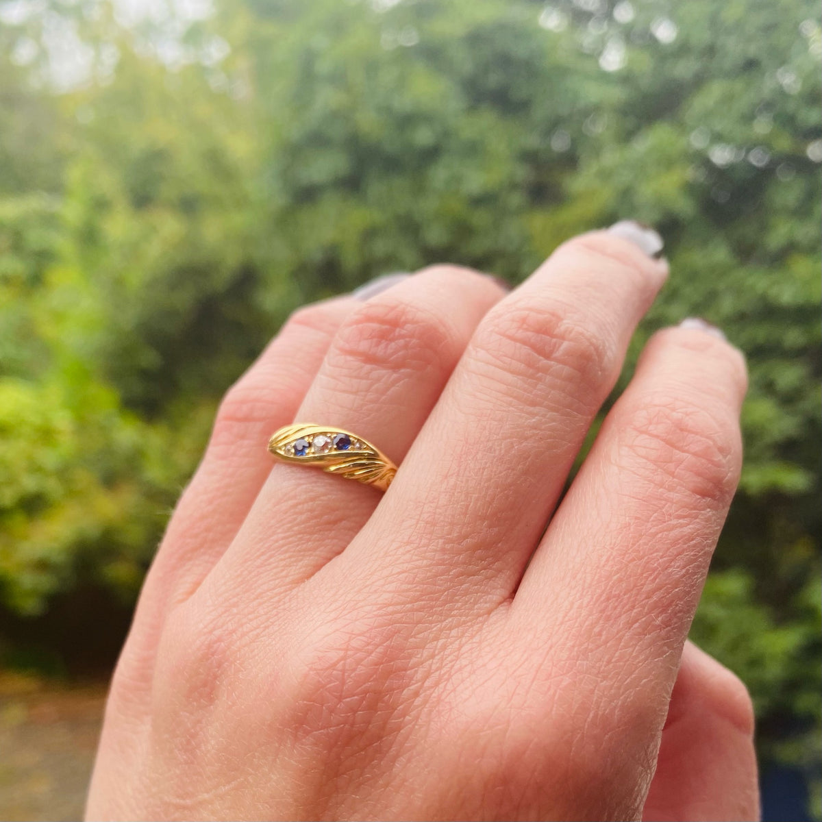 Sculpted English Gold Band with Sapphires & Diamonds