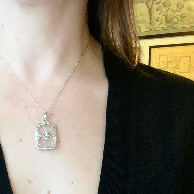 Lacy Filigree Framed Camphor Glass Necklace