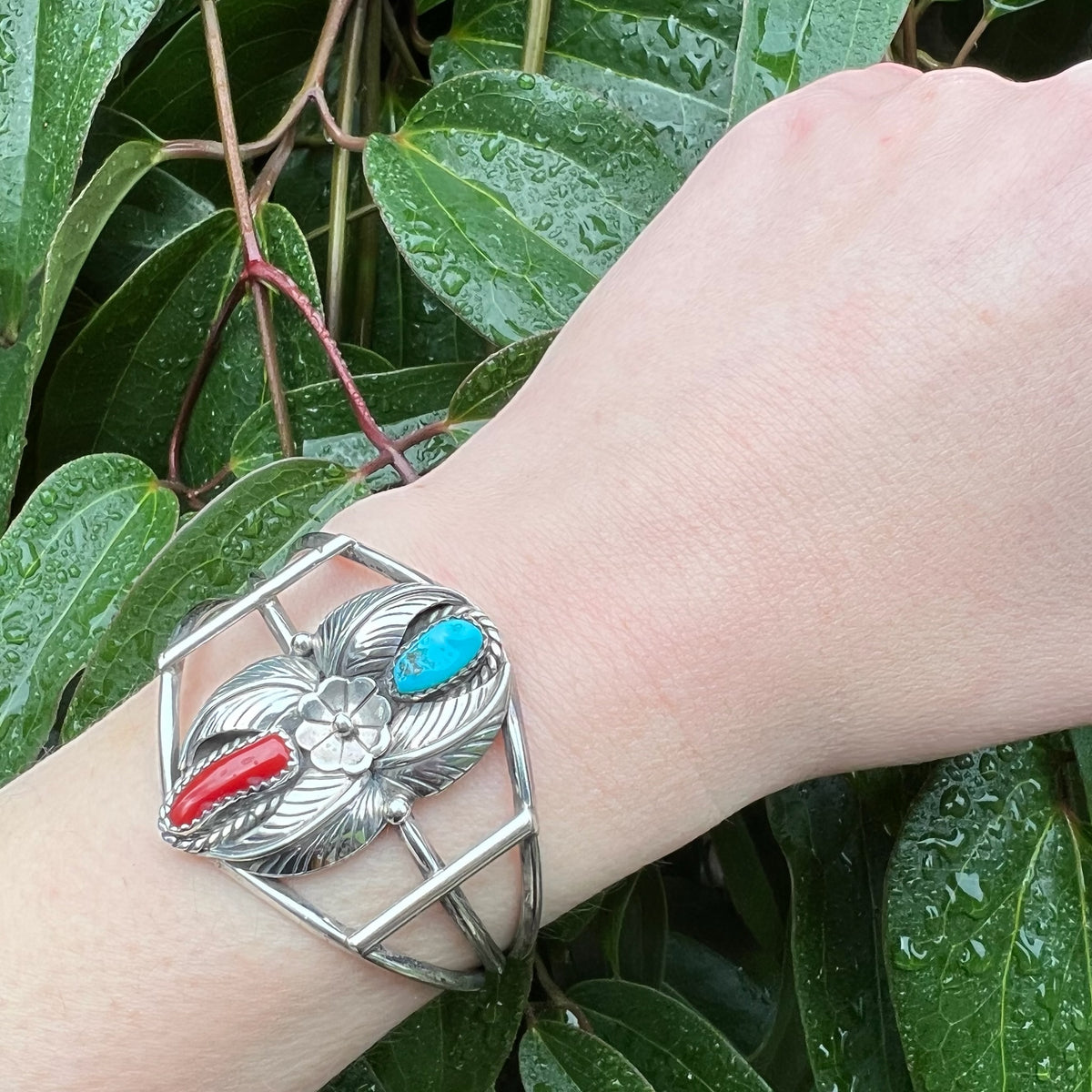 Colorful Navajo Cuff with Applied Silver Work